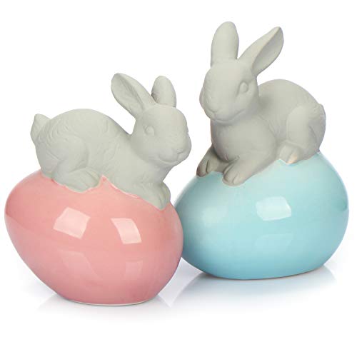 com-four® 2X Conejito de Pascua Decorativo Hecho de dolomita - Figura Decorativa sobre un Huevo de Pascua Brillante en Azul y Rosa [la selección varía] (2 Piezas de Huevo de Conejito Rosa Azul)