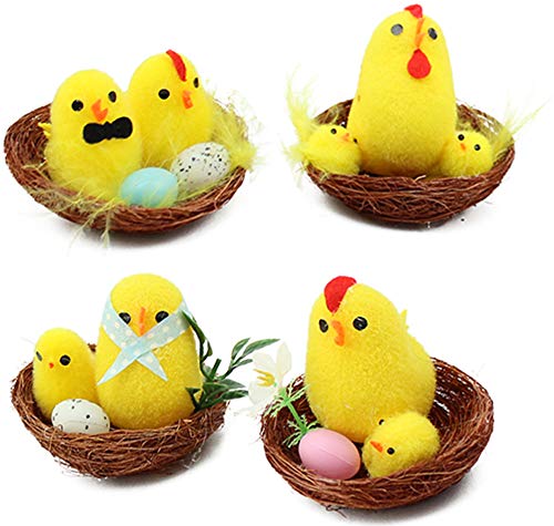 com-four® 4X Pascua Nido Natural con gallina y Pollito - Decoración de Pascua - Mini Nido de pájaro - Decoración de Pollito - Decoración de Primavera (04 Piezas - Nido con gallina + Pollito)