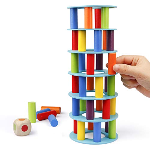 Coogam Juego de apilamiento de Torres de Madera, Bloques de construcción de Habilidades motoras Finas con Dados Que derrumban la Torre Inclinada de Juguete Juegos de Fiesta de la Familia Montessori