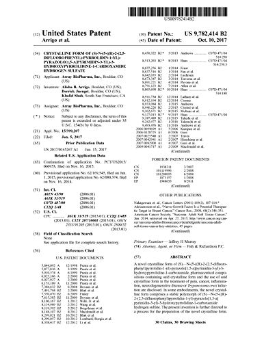 Crystalline form of (S)-N-(5-((R)-2-(2,5-difluorophenyl)-pyrrolidin-1-yl)-pyrazolo[1,5-A]pyri- midin-3-yl)-3-hydroxypyrrolidine-1-carboxamide hydrogen ... States Patent 9782414 (English Edition)