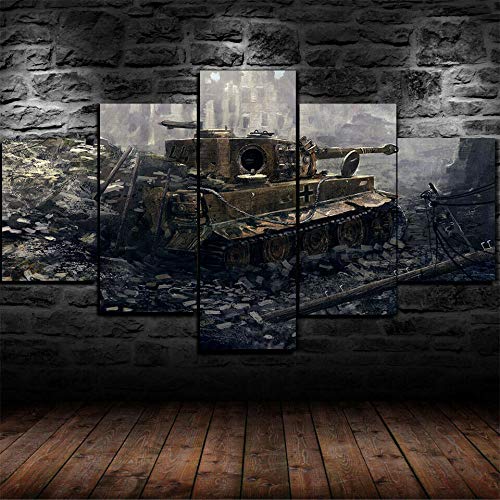 Cuadros Decor Salon Modernos 5 Piezas Lienzo Grandes Xxl Murales Pared Hogar Pasillo Decor Arte Pared Abstracto Póster Pintura Tanque La Segunda Guerra Mundial Tiger I Hd Impresión Foto 150X80 Regalo