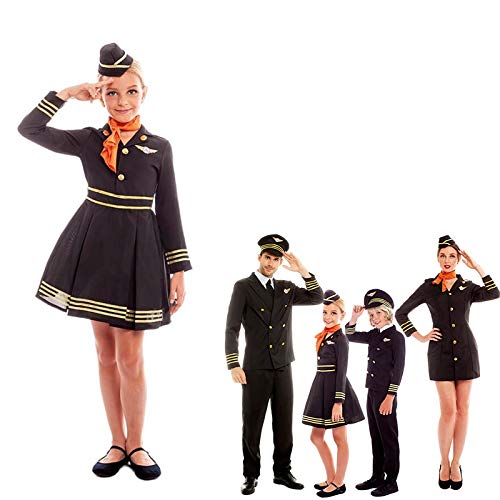 Disfraz Afafata Vuelo Niña con Gorro Vestido【Tallas Infantiles de 3 a 12 años】[Talla 10-12 años] Disfraz Niña Carnaval Profesiones Uniforme Azafata con Gorro Actuaciones Desfiles Festivales Teatro