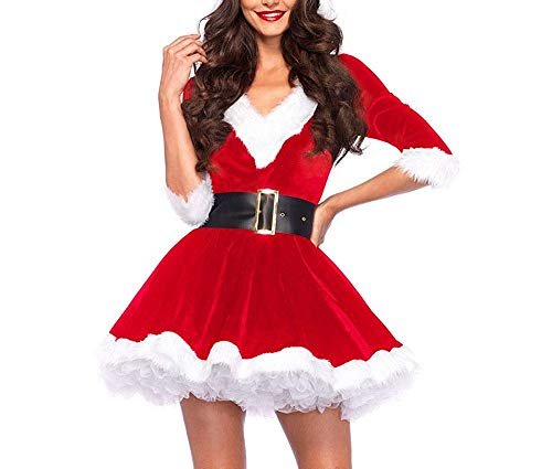 Disfraz Fever de Mamá Noel, Disfraz de Navidad Mujer Vestido Rojo de Terciopelo Princesa Traje de Santa Mamá Noel Fiesta Chicas Cosplay Christmas Ropa de Navidad Adulto (Rojo, L)