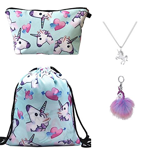 DRESHOW 4 Paquete Unicornios Mochila con Cordón/Maquillaje Bolsa/Collar de Cadena de Aleación/Fluffy Llavero Colgante Llavero para Niñas