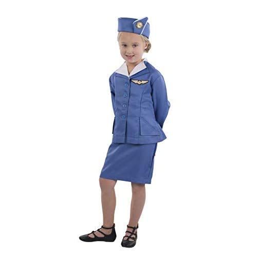 Dress Up America Disfraz de Asistente de Vuelo de azafata Retro para niñas Mediana Accesorios, Azul, Talla 8-10 años (Cintura: 76-82, Altura: 114-127cm) Unisex Adulto