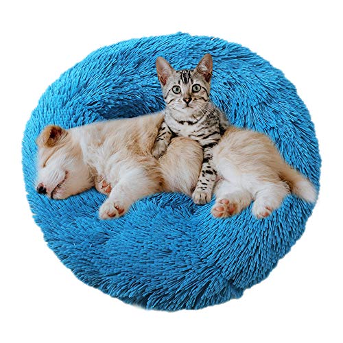 Eastlion Cama Perro Deluxe Felpa Redonda,Plush Cama Calmante Donut Gato Suave Cómoda,Nido Calentito Cojín Lavable para Mascotas Pequeña Gatos y Perros(Azul-Diámetro:70 CM)