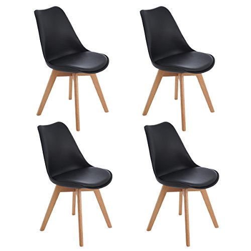 EGGREE Pack de 4 Tulip Sillas de Comedor Sillas Cocina Estilo Nórdico con Las Piernas de Madera de Roble Más Fuerte y Asiento Tapizado - Negro