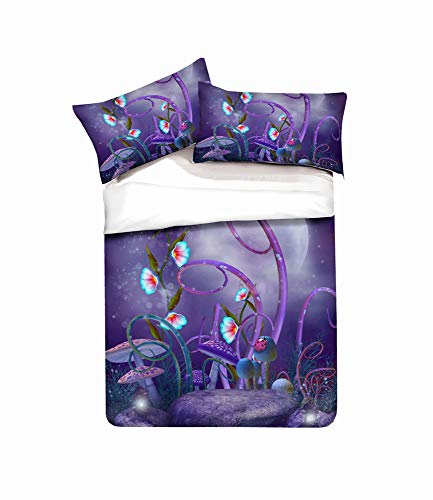 EU-VV Juego De Cama Funda Nórdica Microfibra Cepillada 3D Mundo De Cuento De Hadas Niños Niño Y Niña 1 Funda Nórdica + 2 Funda De Almohada 50x75cm ((180x220 cm)-Cama de 105/135,Hongo Morado)