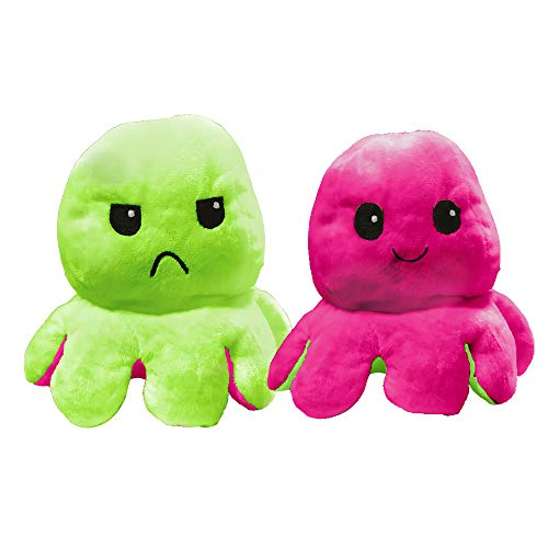 EUROXANTY Peluche Pulpo Reversible | Peluche emociones | Pulpo de Colores | Peluche Blando | 2 Caras | Pulpo Contento | Pulpo enfadado | 20 cm | Verde-Rosa