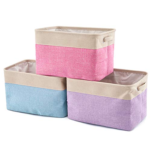 EZOWare 3 Pcs Caja de Almacenaje, Cestas Organizador de Tela Plegable con Manijas para Hogar, Oficina, Estanterías, Armarios, Ropa, Juguetes y mas - 38 x 27 x 24cm (Crema Color Mezclado)