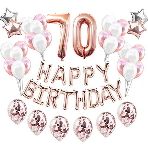 Feelairy 70 año Cumpleaños Globos Decoración Kit Oro Rosa, Happy Birthday Banner Globo Carta, Globos de Papel Aluminio Gigante Número 70 y Estrella Globos, Cumpleaños 70 para Adultos Mujer