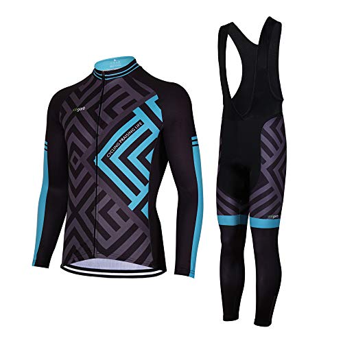 Feilaxleer Ropa Ciclismo Otoño/Invierno/Primavera para Hombre y Mujer - Ciclismo Maillot MTB de Manga Larga y Culotte Pantalones Acolchado 3D (Azul,XXL)