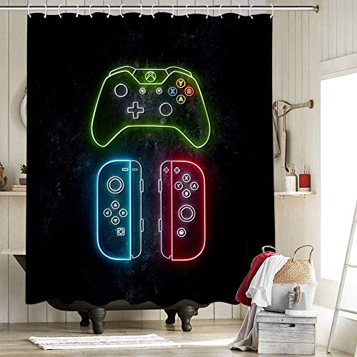 Final Fantasy Xiv - Juego de cortinas de ducha de tela de poliéster con ganchos, consola de mando de Playstation moderna, espartana, rosa, de éxito, 152 x 182 cm