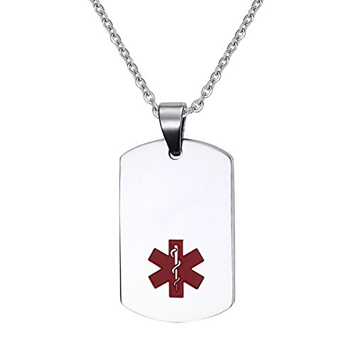 Flongo Placa Alerta Medica Personalizada, Collar de identificación Acero Inoxidable para alergias, Collar Militar Dogtag de Hombre, Plateado