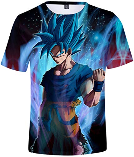 FLYCHEN T-Shirt Colorful Impreso en 3D Dragon Ball para Hombre Super Saiyan Cosplay Wu Camiseta Goku - Llama Azul - XL