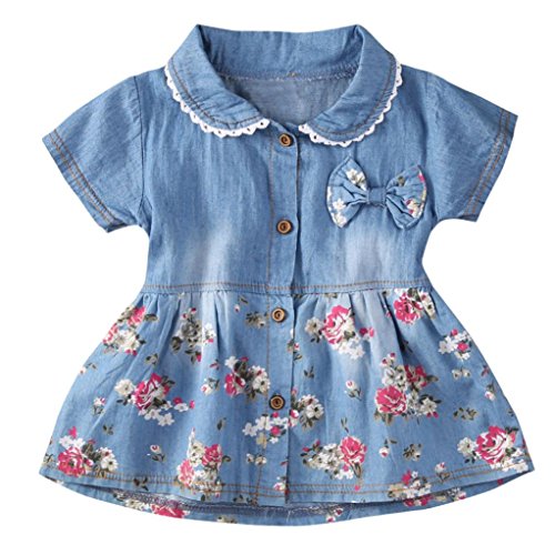 Fossen Bebe Niñas Vestido de Mezclilla Vestidos Mangas Cortas con Estampado Floral (12-18 Meses, Azul)