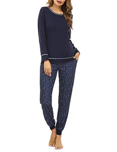 Hawiton Pijamas Mujer Invierno Manga Larga Conjunto de Pijama para Mujer Algodón Pantalones Largo Ropa de Casa 2 Piezas, Azul Oscuro, M