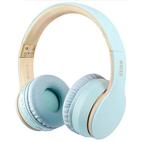 Ifecco Bluetooth Estéreo Auriculares Música sobre-oído Sonido de Alta fidelidad, Bluetooth Banda para la Cabeza Plegable con micrófono y Cable de Audio para Apple iPhone, PC (Azul Claro)