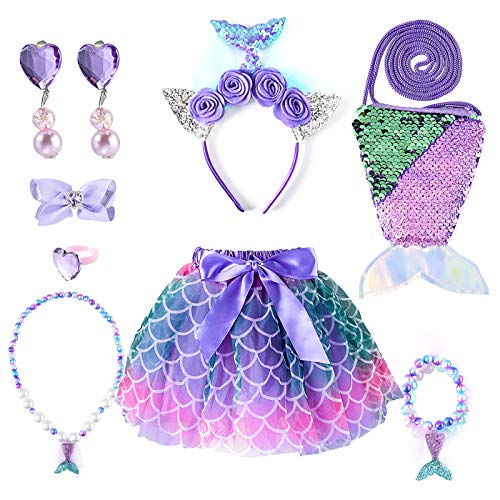 INSOUR Disfraz de niña pequeño con tutú y falda de sirena, bolso para la cabeza, collar, pulsera, anillo y pendientes para fiesta de cumpleaños, carnaval, Cosplay