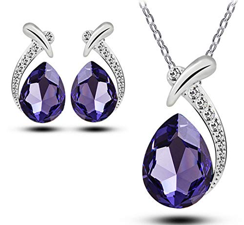 ITVIP Austria Cristal Gocoline de Agua Colgante Pendientes Collar Set Mujer Moda Cadena clavícula Regalo 40+5cm violeta