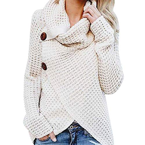 Jerseys De Punto para Mujer Cuello de Tortuga Manga Larga Suelto Prendas de Punto Suéter Irregular Jerséis Collar de la Pila Tops Cálido Otoño Invierno riou (White, L)