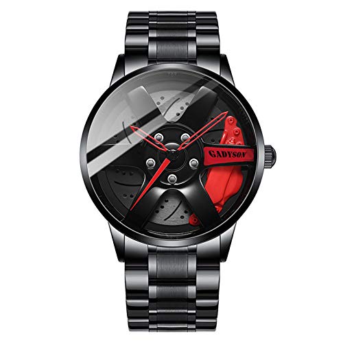 jieGorge Reloj para Hombre, Reloj para Rueda de Coche para Hombre, Reloj Deportivo de Moda, Reloj con llanta de Malla, Reloj, Joyas y Relojes (Rojo)