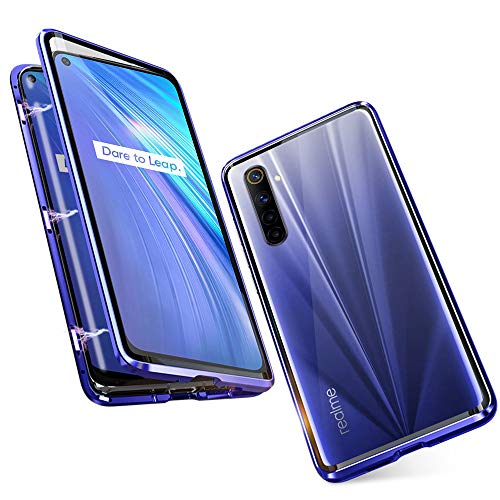 JoiCase Funda para Realme 6 Adsorcion Magnetica Carcasa 360 Grado Protección Estuche Marco Aluminio Untre Delgada Háptico Vidrio Templado Anti Choque Metal Flip Cover