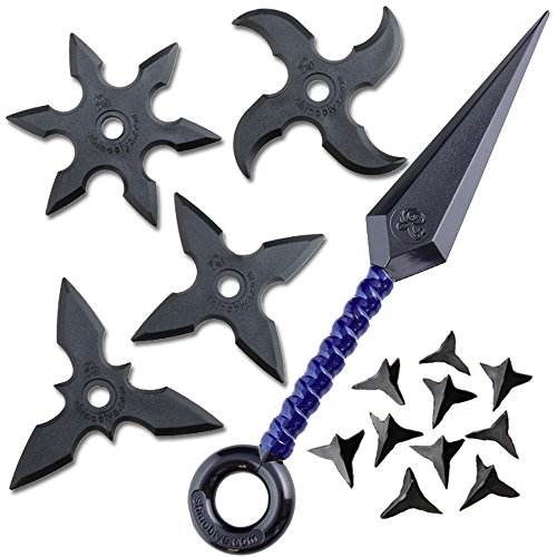 Juego de estrella de lanzamiento de juguete de goma (4 estrellas, 1 Kunai azul, 10 Makibishi) Ninja Accesorios de disfraz