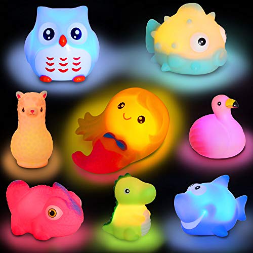 Juegute Animal del Baño con Luz Parpadeo Juguete Flashing de Ducha Flotante Juego con 8 Pcs Modelos de Animales Sirena Tiburón Flamingo Dinosauro Etc Aprendizaje Temprano Jueguete Regalo para Niños