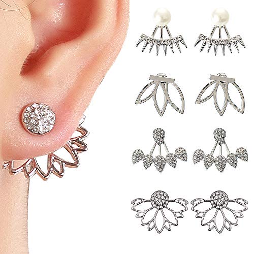 Juland 4 Pares Pendientes de Flor de Loto Huecos Pendientes de la Chaqueta de los puños de la Espalda Conjunto de aretes de Cristal Simples y Elegantes para Mujeres niñas - Plata