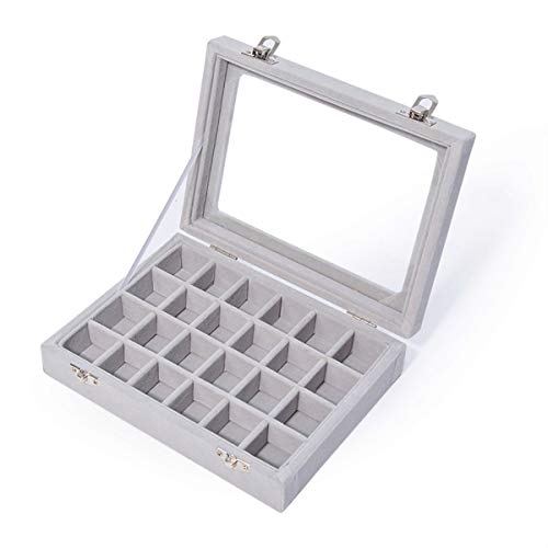 JZK 24 Compartimentos Organizador Caja Terciopelo Bandeja Gris con Tapa de Cristal para joyero Anillos Pulsera Collar Pendientes