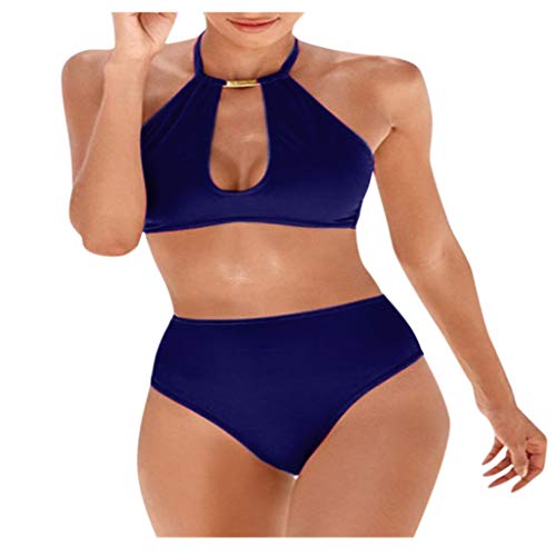 KEERADS BadeMode Retro Bandagen Badeanzug damas zweieilig sexy Monokini negro alta cintura Design, Rundhalsausschnitt Brustpolster extraíble azul oscuro S