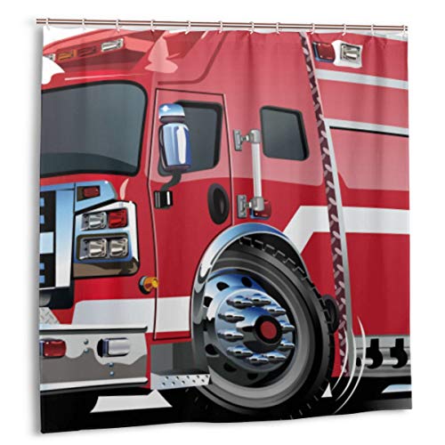 kThrones Cortina de baño,Impermeable,Camión de Bomberos Grande con Equipos de Emergencia Equipo de Rescate de Seguridad Universal Motor Cartoon,Cortina de Ducha de con Ganchos 150cmx180cm