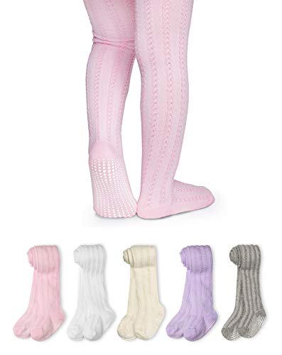 LA Active Polainas Antideslizantes Agarre - 5 Pares - Bebé Niña Infantil Recién Nacido - Algodón de Hilo Tejida (Rosa/Blanco/Marfil/Lavanda/Gris, 3-6 Meses)