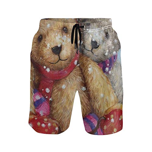 LISNIANY Bañador Hombre，Invierno Nieve Oso de Peluche Muñeca Esquí borroso Muñeco de Nieve Copos de Nieve，Natación Secado Rápido Malla Pantalones Imprimiendo Cortos(L)