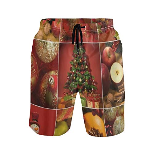 LISNIANY Bañador Hombre，Regalos Rojos del árbol de Las Bolas del muñeco de Nieve de la Feliz Navidad，Natación Secado Rápido Malla Pantalones Imprimiendo Cortos(M)