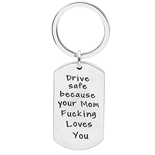 Llaveros para Hombre Carro Llaveros Personalizados Acero Dog Tag Grabado Drive Safe Because Your momr FK Loves You Llaveros Plata