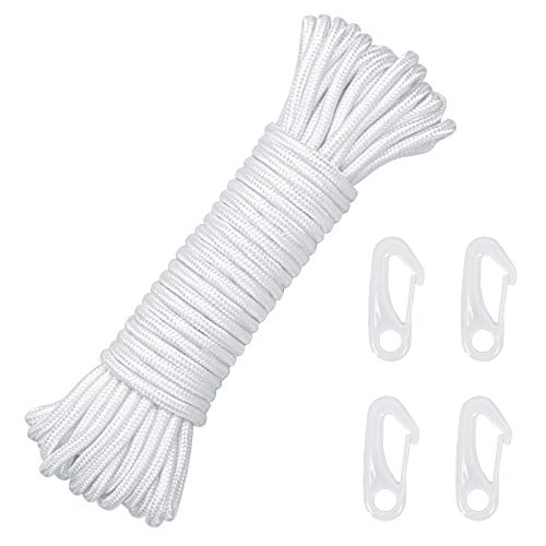 LOPOTIN 15m Cuerda Bandera Asta Blanca Cuerda Bandera Nailon 6mm para Atar Bandera en Driza en Asta Escuela Toldo Acampada Jardín Exterior Mástil Ancla Dondeadero Barco Tender Ropa con 4pcs Ganchos