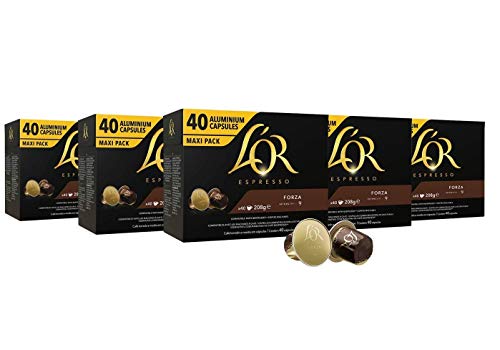 L'OR Espresso Café Forza Intensidad 9 - Nespresso® * Cápsulas de café de aluminio compatibles - 5 paquetes de 40 cápsulas (200 bebidas)