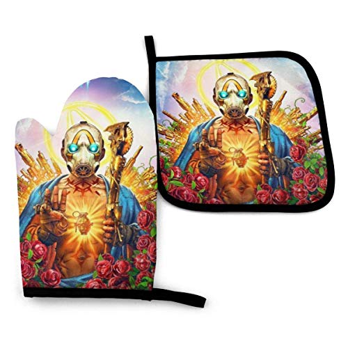 lymknumb Borderlands Oven Mitts and Pot Holders Sets, 1 Mitón de Horno + 1Aollador, Alfombrillas Antideslizantes Resistentes al Calor, Comedor Cocina Cocina Hornear Parrilla Fiesta Guantes de Cocina