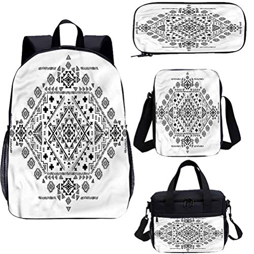 Mochila mexicana de 17 pulgadas con bolsa de almuerzo,Juego de estuches,Antiguo Maya patrones 4 en 1 conjuntos de mochila