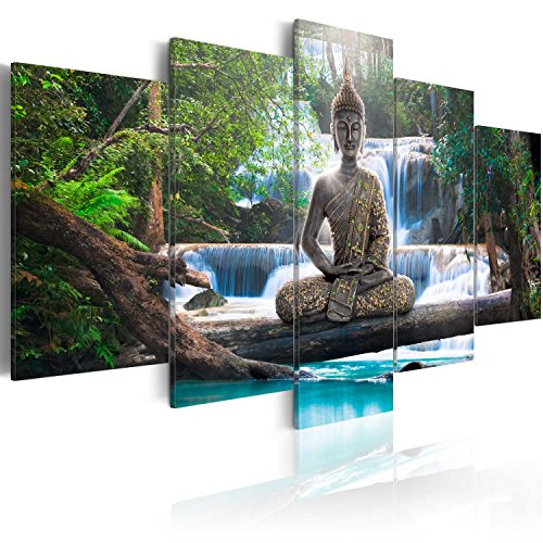 murando - Cuadro acústico Buda 225x112 cm XXL Impresión Artística 5 Piezas Lienzo de Tejido no Tejido Decoración de Pared Aislamiento Absorción de Sonidos Imagen Gráfica Zen Cascada c-A-0021-b-n