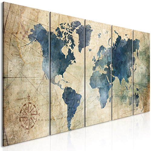 murando Cuadro Acústico Mapa del Mundo 150x60 cm XXL Impresión 5 Piezas Artística Lienzo de Tejido no Tejido Decoración de Pared Aislamiento Absorción de Sonidos Rosa de los Vientos k-A-0415-b-m