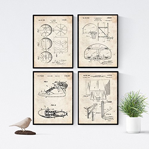 Nacnic Vintage - Pack de 4 láminas con Patentes de Baloncesto 2. Set de posters con inventos y patentes antiguas.