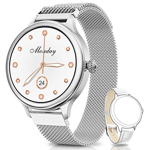 NAIXUES Smartwatch, Reloj Inteligente para Mujer, Reloj Deportivo Impermeable IP67 con Monitor de Sueño Pulsómetro Podómetro Notifica Whatsapp, Pulsera Actividad Inteligente para Android iOS (Plata)