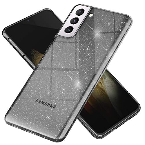 NALIA Claro Estuche Brillo Compatible con Samsung Galaxy S21 Plus Funda, Translucido Carcasa Protectora Purpurina Clear Glitter Case Silicona, Delgado Cover Resistente Proteccion, Color:Negro