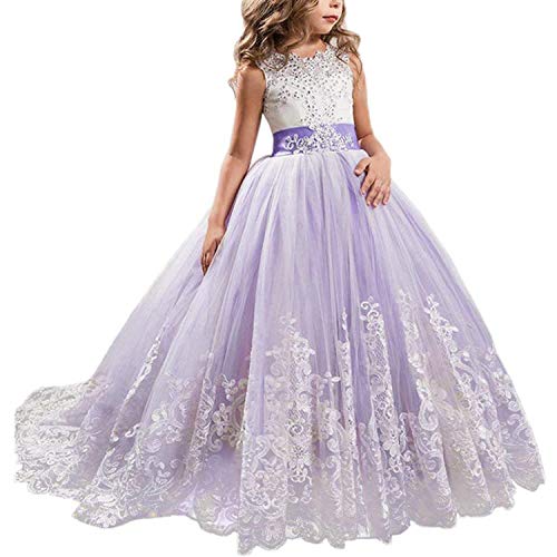 NNJXD Niñas Bordado De Encaje Flor De La Boda Fiesta De Cumpleaños Princesa Vestido de Cola Larga Tamaño (170) 14-15 años 406 Púrpura-A