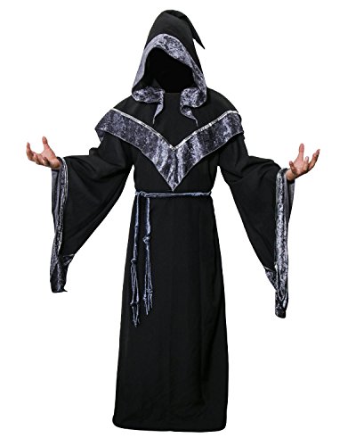 Nofonda Disfraz de Mago Monje Capa con Capucha Negra de Mágico Sacerdote Traje de Bruja Hechiceros Ropa Medieval de Adultos Hombre para Fiesta de Halloween Carnaval (L)