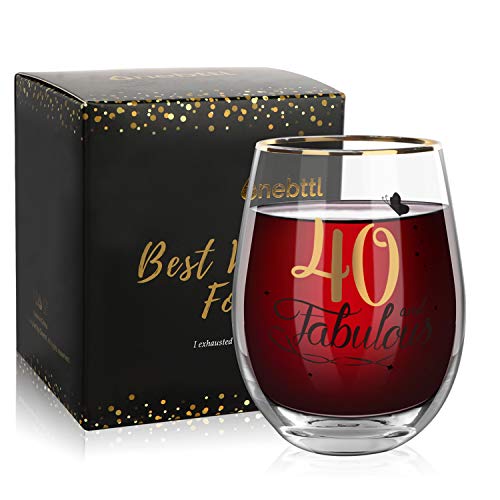 Onebttl 40 Cumpleaños Regalo para Mujeres - Ideas de Regalo Original 40 Años Cumpleaños para Ella con Tarjeta de Texto, Caja de Regalo - 40 and Fabulous (40 y Fabuloso) - Copa de Vino (500ml)