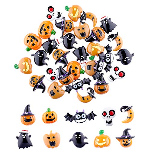 PandaHall 30 cabujones de Resina para Halloween, 10 Estilos, diseño de Calavera, Fantasma, Calabaza, Luna, murciélago de Resina, Parte Trasera Plana, Adornos para Manualidades, Broche, Pendientes